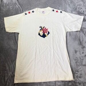 Vintage Jerzees Nautical Anchor T-Shirt Mens Large Made in USA White Stars Studs